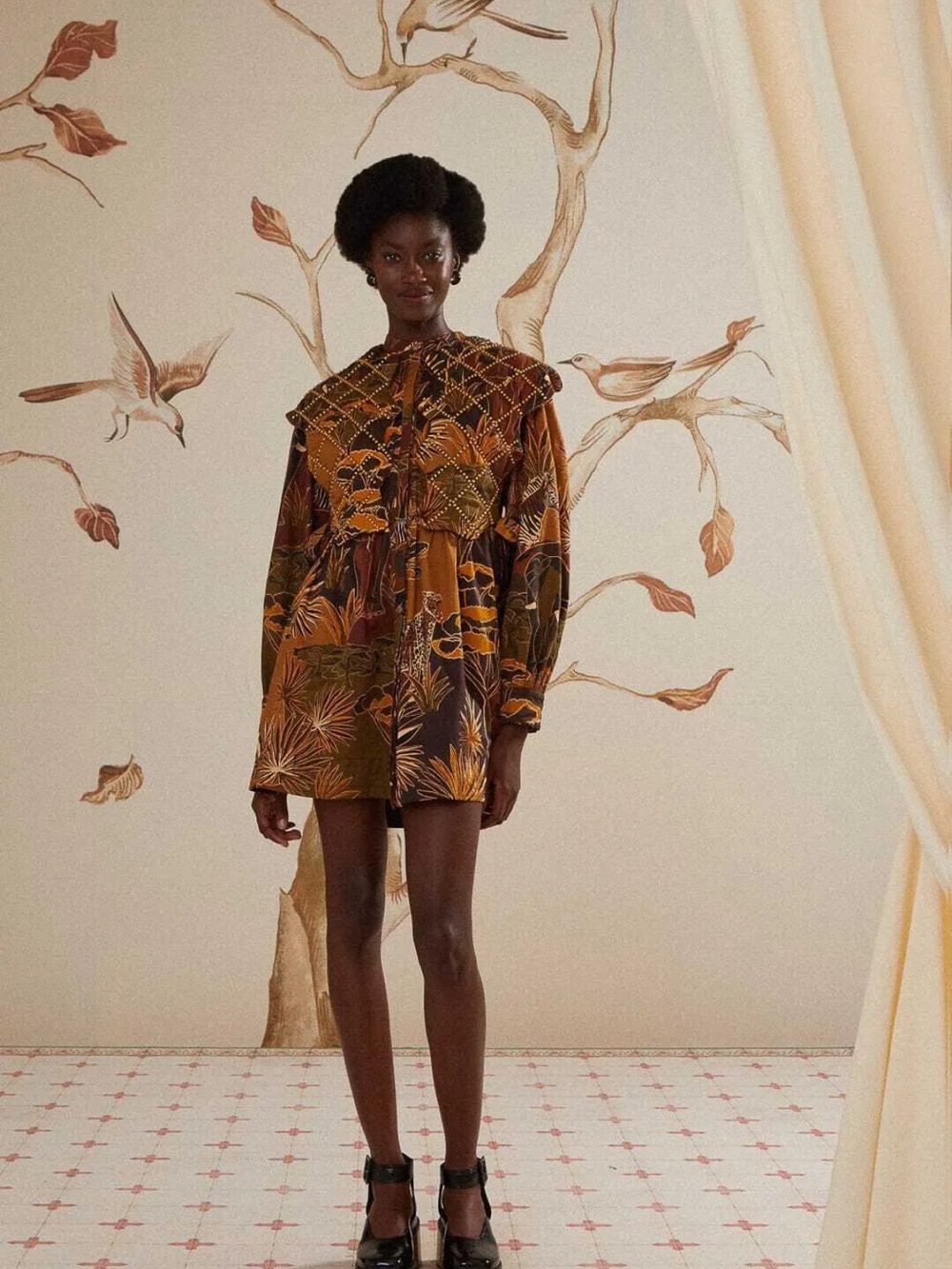 FARM Rio Mustard Brown Multi Animal & Botanical Tie-Front Tunic Dress - Picture 2 of 3